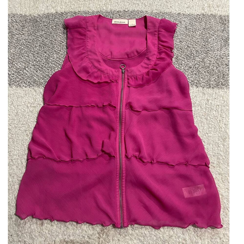DKNY Womens M Ruffled Sleeveless Zip Front Top Pink Barbie Barbiecore Blouse